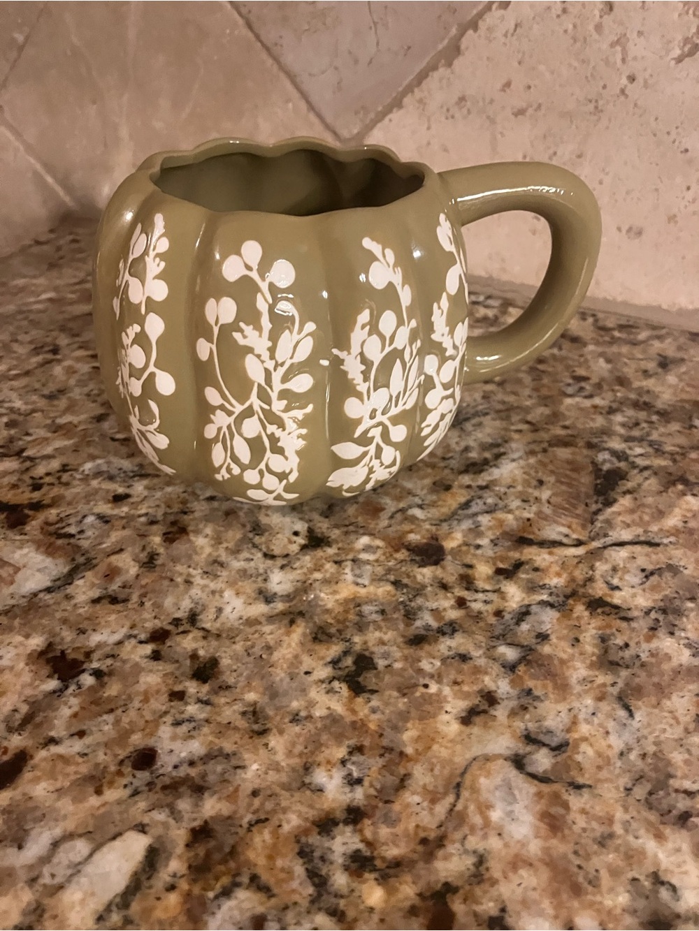 Anthropologie Olive Green Ceramic Mug with White Floral Motif